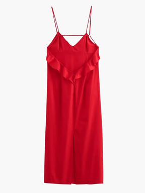 Jasmine | Sexy Lange Rugloze Jurk met Ruches in Gedurfd Rood