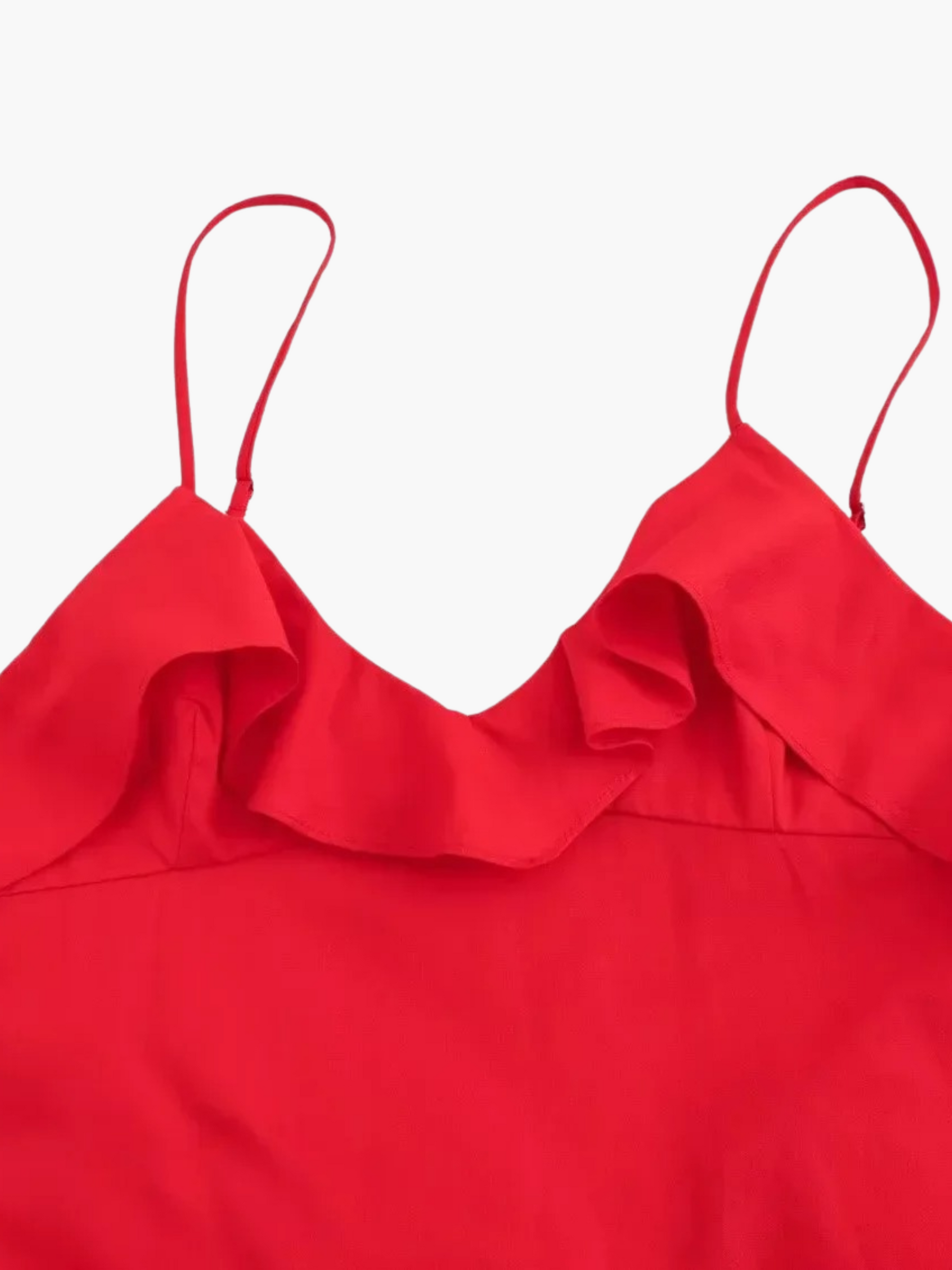 Jasmine | Sexy Lange Rugloze Jurk met Ruches in Gedurfd Rood