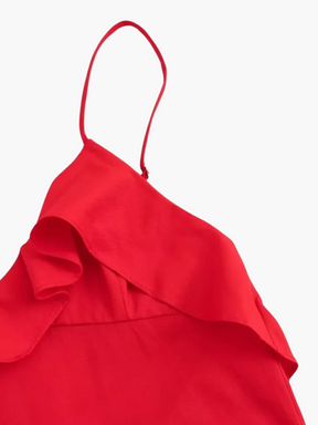 Jasmine | Sexy Lange Rugloze Jurk met Ruches in Gedurfd Rood