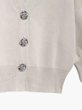 Nathalie | Trendy V-Hals Gebreide Cardigan met Bloemen Gesp Detail