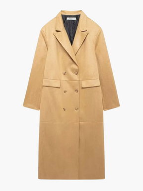 Sienna | Chique Suède Lange Trenchcoat met Dubbelrijig Ontwerp