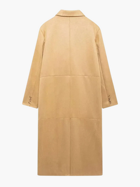 Sienna | Chique Suède Lange Trenchcoat met Dubbelrijig Ontwerp